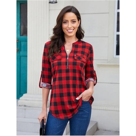 Siddhe Red Black Plaid Tunic 1/4 Zip V-Neck 3/4 Rolled Long Sleeve Top M - Picture 1 of 8